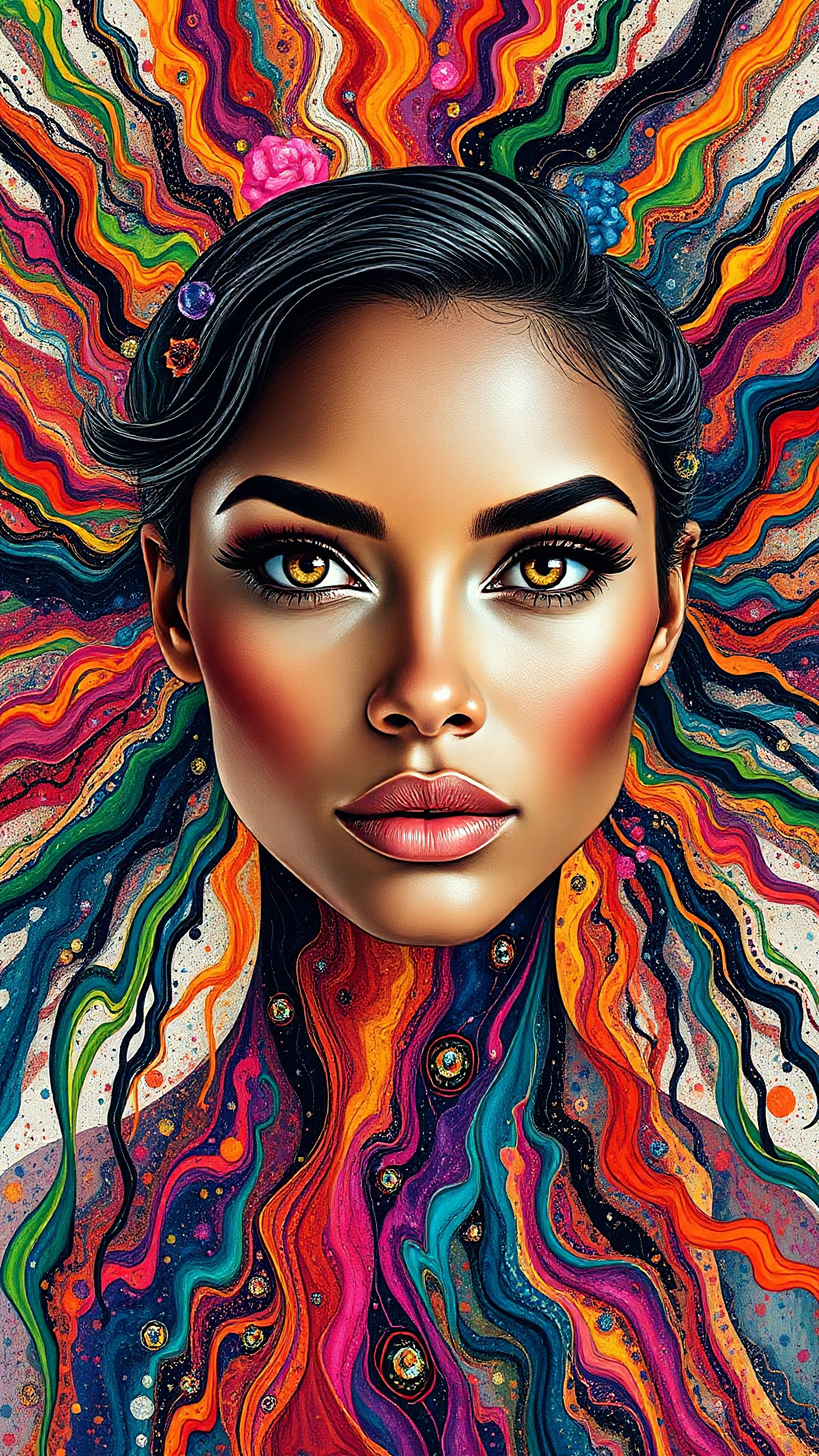 A stunning woman with expressive eyes, surrounded by an explosion of vibrant colors—liquid hues cascading like paint in motion, intertwining with radiant, flowing lines and intricate geometric patterns. The background pulses with kaleidoscopic energy, blending abstract textures and cultural motifs. Her presence anchors the chaos, evoking beauty, emotion, and symbolic contrast between order and spontaneity.
