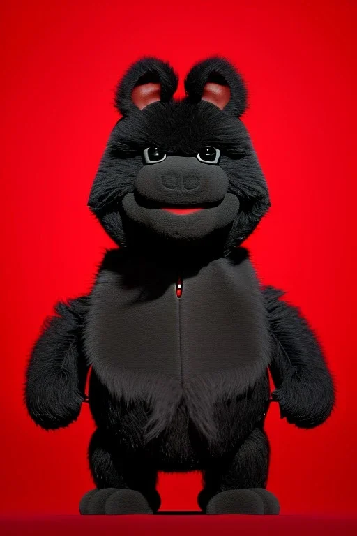 Waist up muppet Portrait, Kim Jong-un muppet doll, black suit, photo studio, red background, unreal engine 5, concept art, art station, god lights, ray tracing, RTX, lumen lighting, ultra detail, volumetric lighting, 3d.