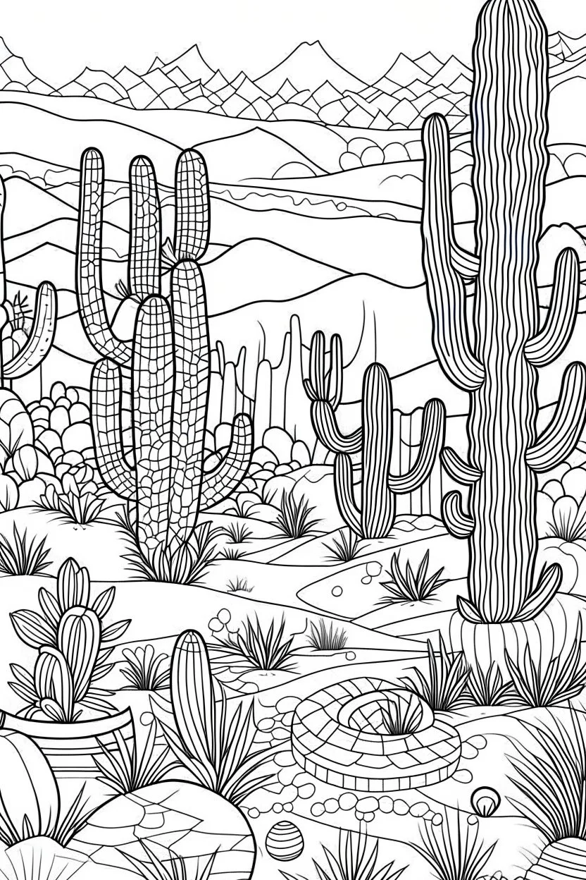 coloring page for kids, , A cute harmonious desert oasis with cacti and mystical patterns, thick outline, low details, no shading, no color