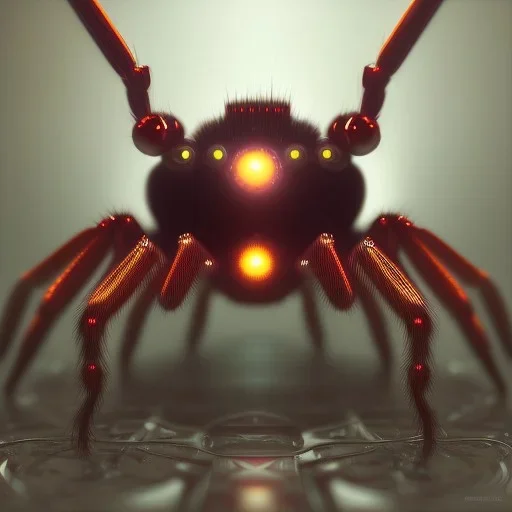 portrait painting of a steampunk red robot spider, ultra realistic, intricate details, ultra highly detailed, shiny, smooth, studio quality, octane render, Surrealism, Triadic colour scheme,glow-stick, ambient lighting,nightclub lighting, polaroid, 100mm, --ar 1:1 --v4