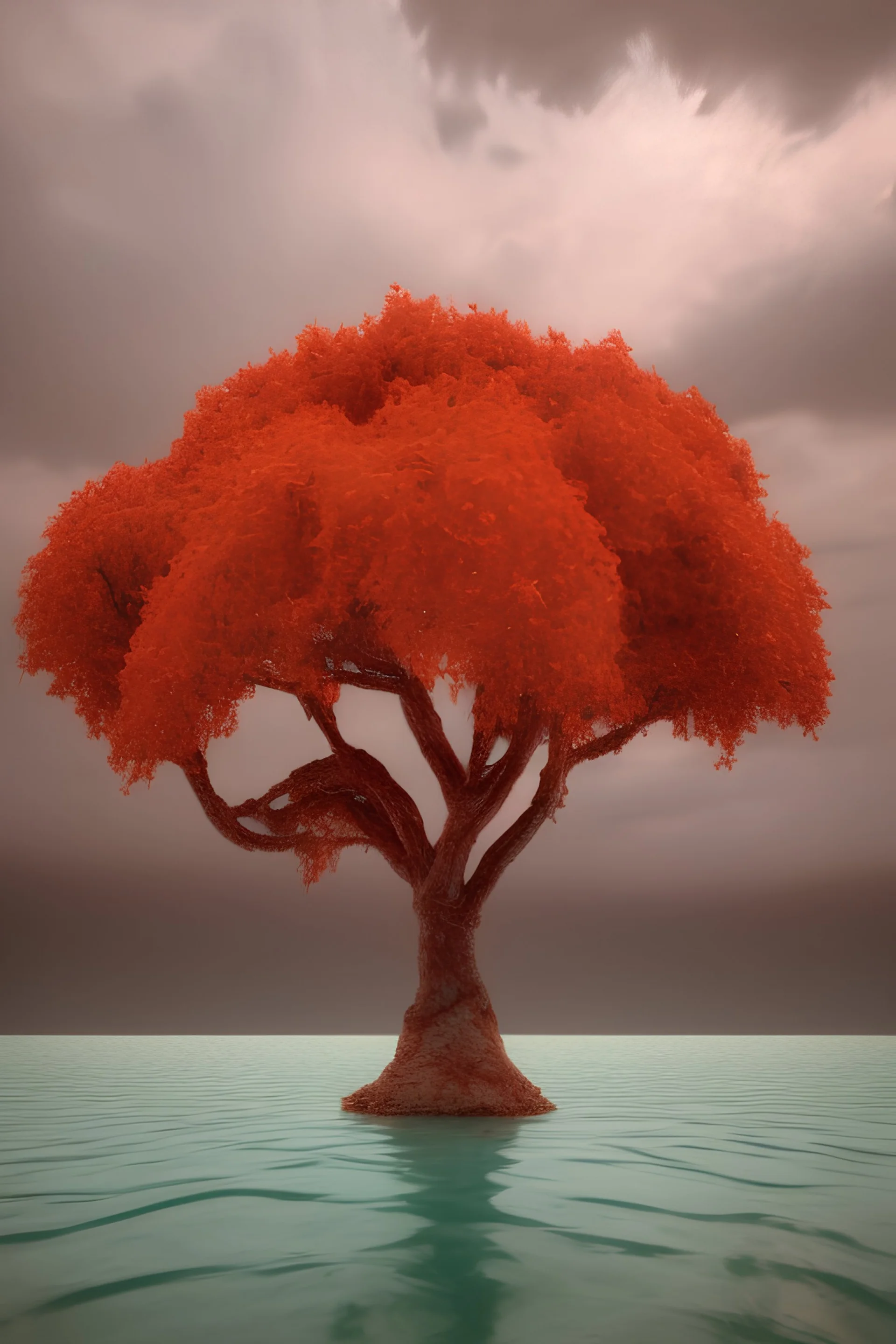 tree made out of meat, HDR, beautiful shot, in the middle of a tomato sauce lake