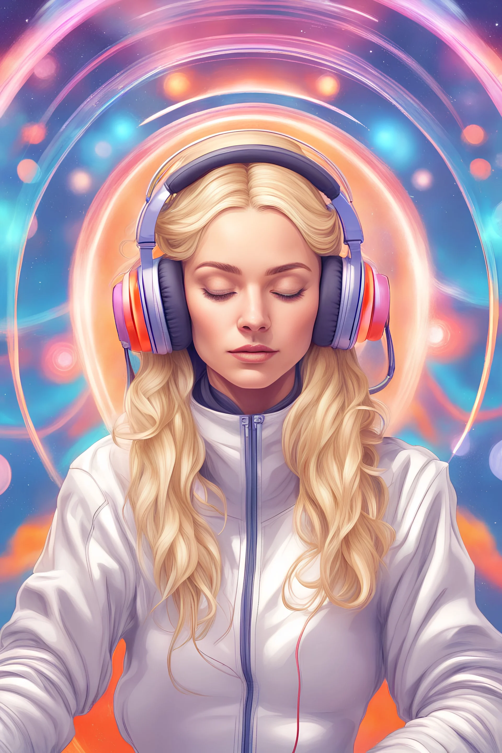 Draw an enlightened blonde in headphones, she is doing meditation. In the space style 3D Bright colors