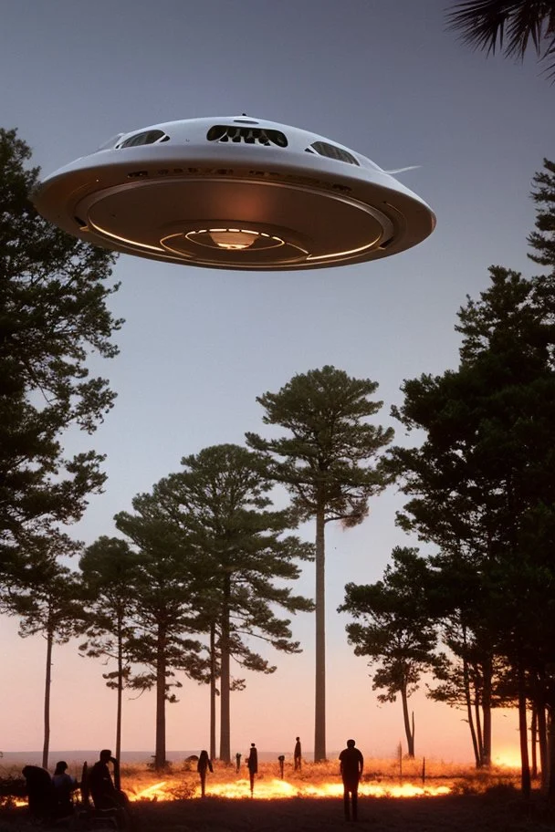 school kids see saucer shaped ufo flying over tall pine trees, near a high voltage powerline with (three lights underneath) and lots of lights all around the edge, the year is 1966 in color, concept art, by Asaf Hanuka, by Weta Digital, Electric Colors, Screen Space Global Illumination, in a symbolic and meaningful style