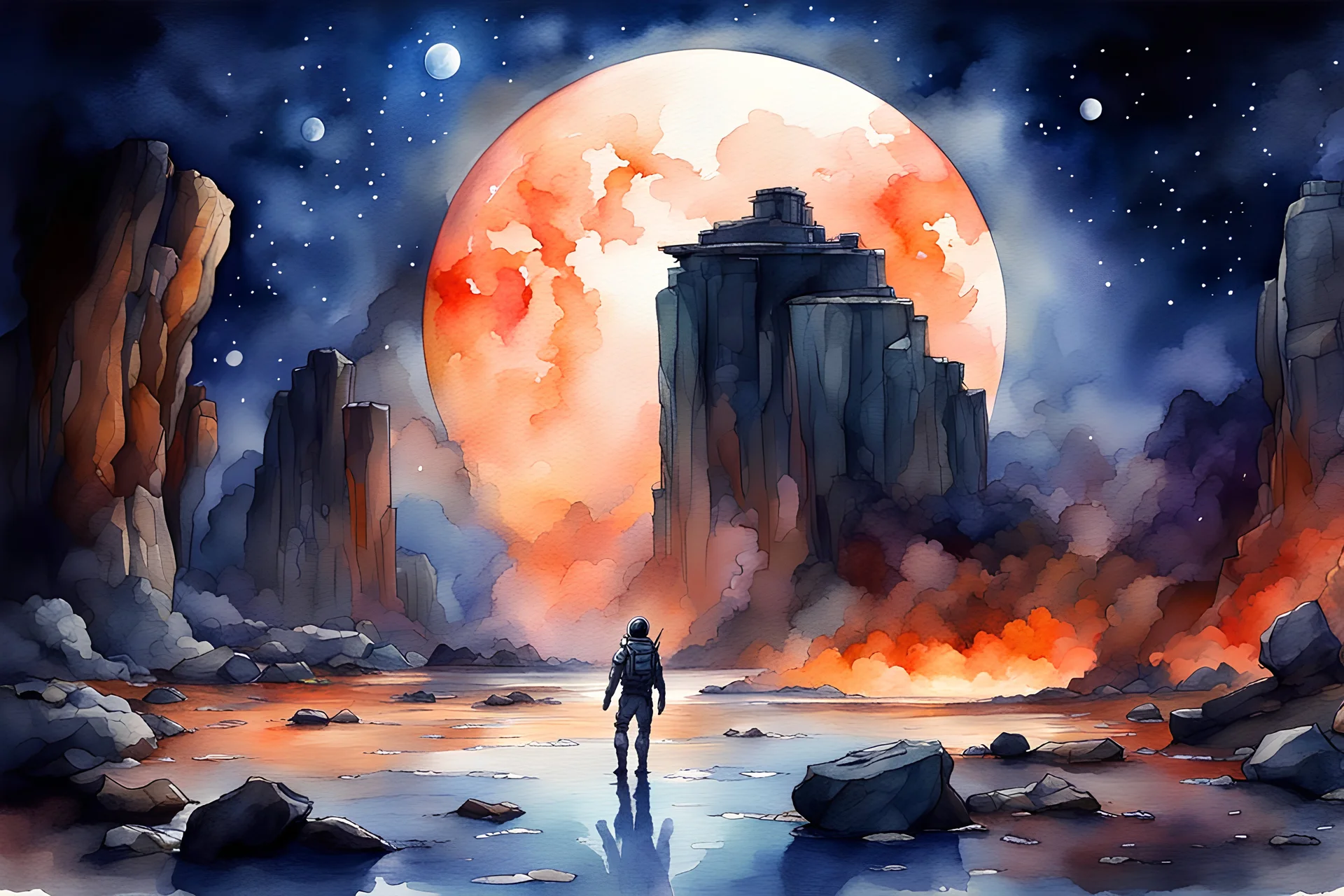 rocks, mountains, sci-fi, fantasy, night, watercolor paintings