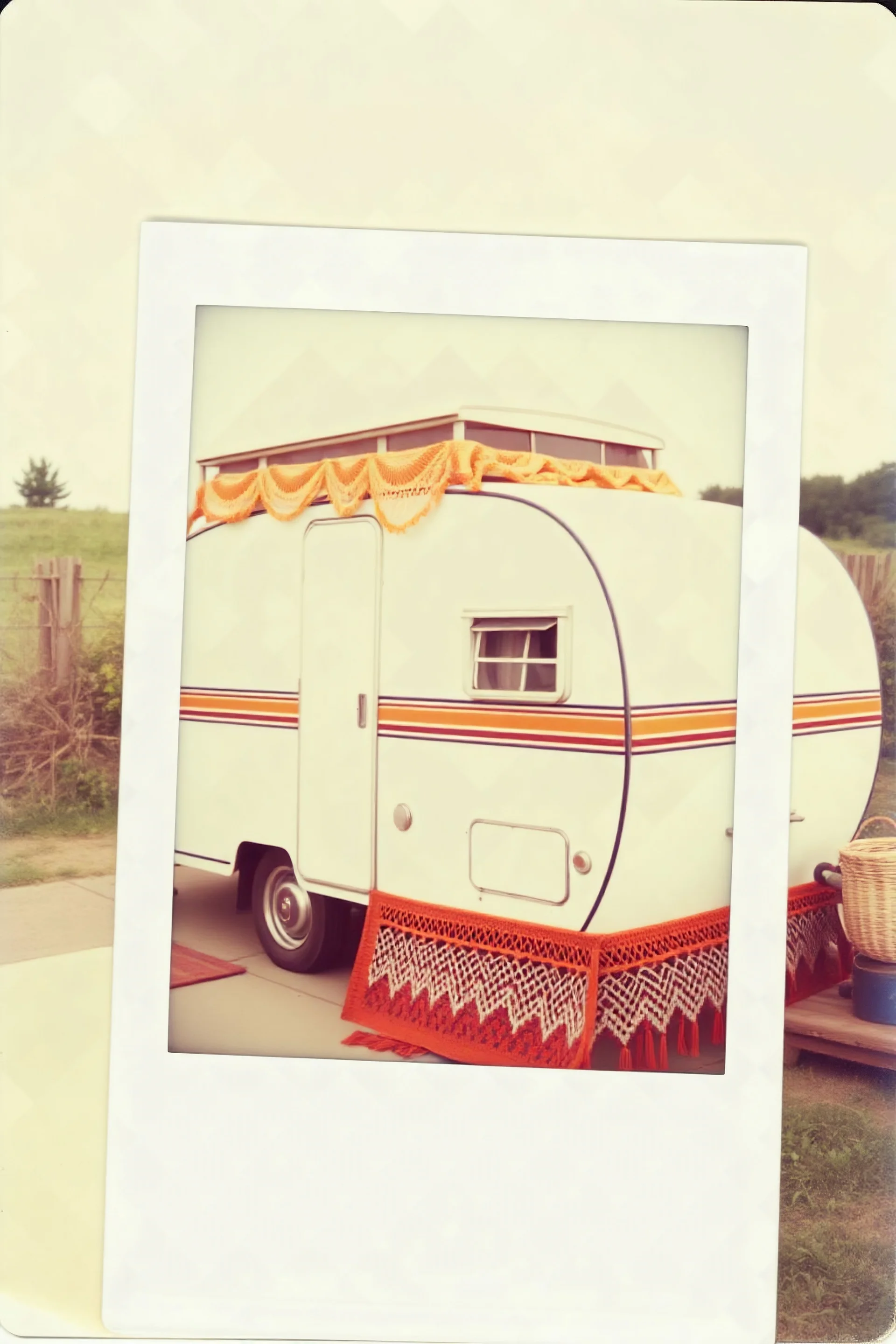 Vintage polaroid of a gitano caravan,crochet, orange