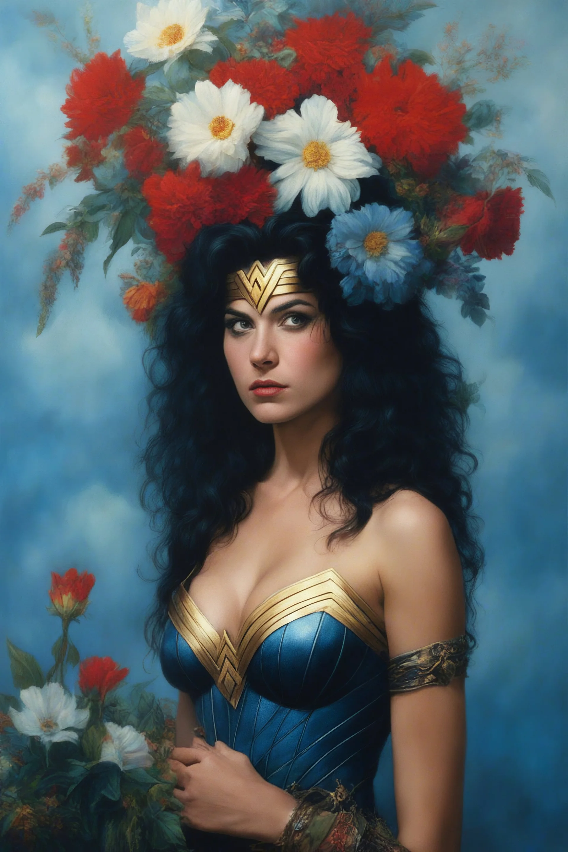 facial portraits, 1980, 16-year-old wonder woman, ((1980's big hair, long, teased up Spikey Motley Crue style hair)), black hair, facial portraits, foggy, cloudy blue wall with assorted designs and multiple floral arrangements in the background, 4k, 8k, 16k, 32k, 100k UHD, Ultra-Hyper Resolution, dark, sultry eyeshadow, eyeliner, mascara, rouge, lipstick