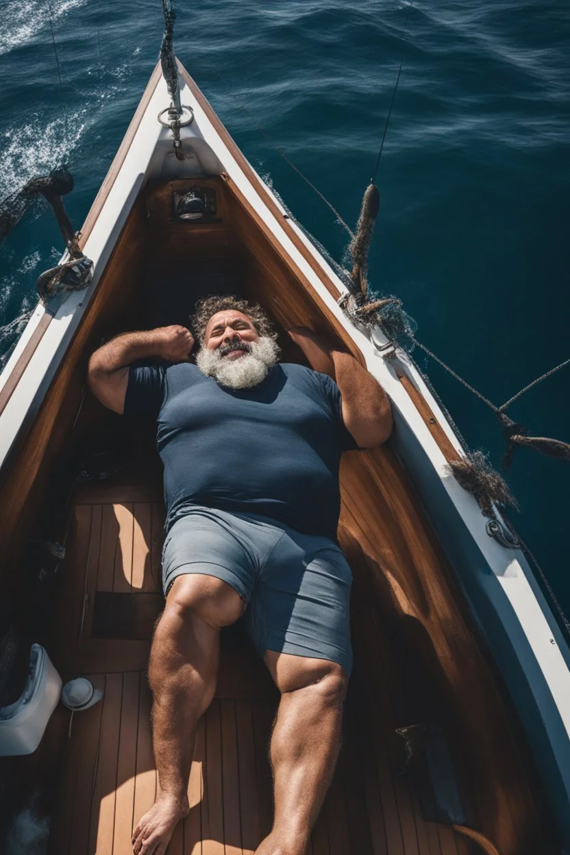 close aerial photography of a burly chubby muscular turkish fisherman happy sunbathing lying down on the large bow of a yachtin open sea, manly armpits, manly chest, hairy chest, ugly, 52 years old, curly beard, bullneck, short bulging ripped pants, muscular, emotive eyes, photorealistic, 35mm lens, Canon EOS, 8k , view from the ground