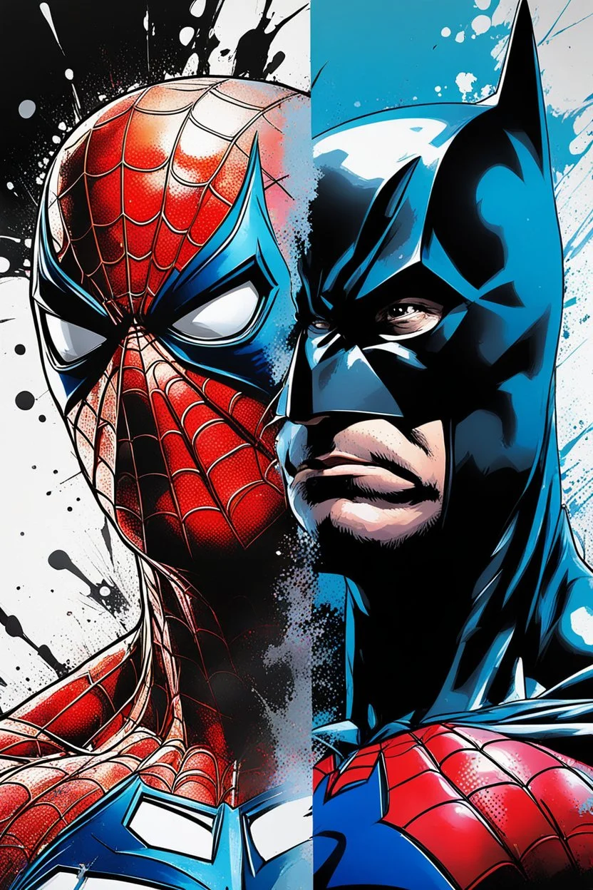 Poster in two gradations, split in half, one side "spiderman", other side "batman", midline of the face, painting by Yoji Shinkawa, solid, pastel and splash colours detailed iridescent, metallic, translucent, dramatic lighting, hyper futuristic, digital art,