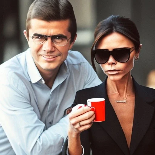 Me having coffee with a happy Victoria Beckham