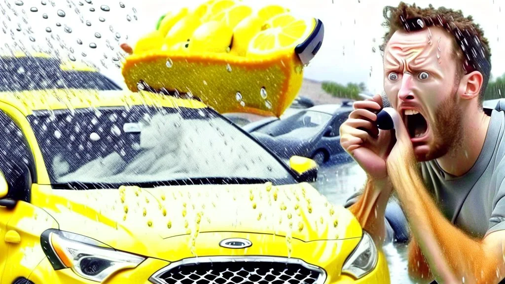 guy in hurricane arguing on phone next to his kia sportage made out of lemons