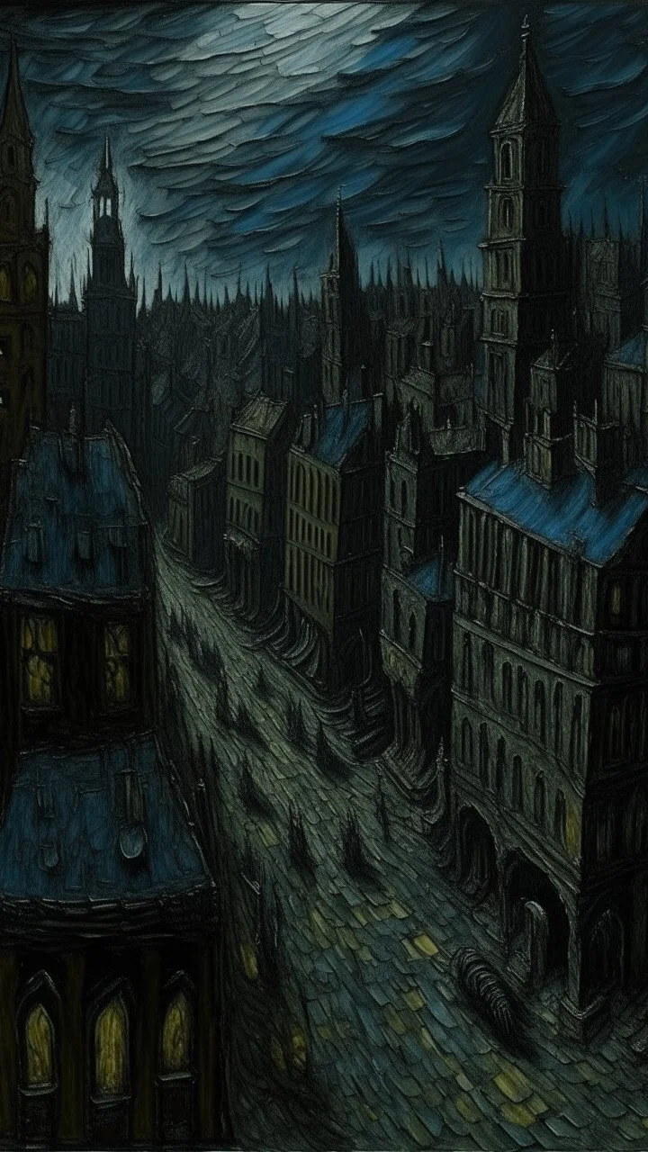 A dark bluish black punklike city in a nightmare realm painted by Vincent van Gogh