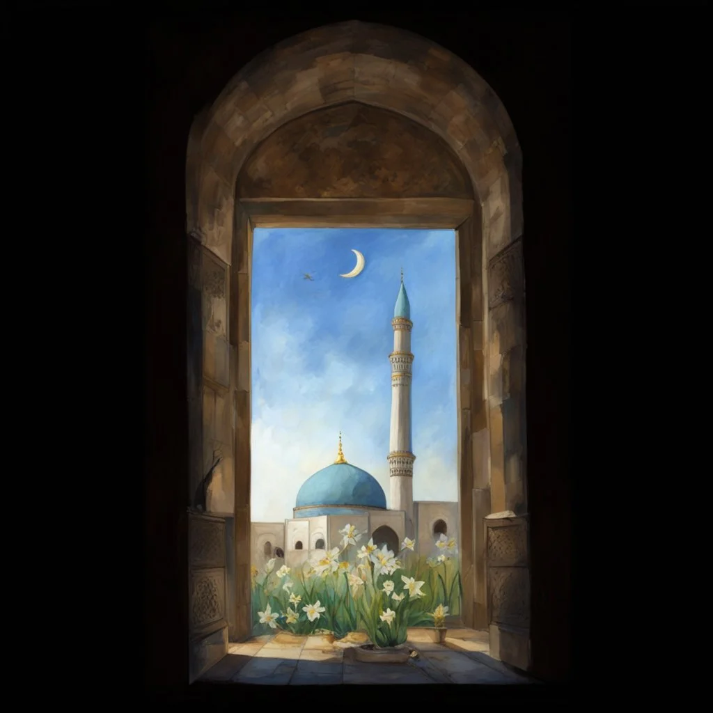 shado of people to jamkaran mosque in Iran has more blue green color and gold for pattern islamic in the dome . one big domes with beautiful lighting . white Daffodil flower in the floor , clouds with small birds in sky with crescent moon of ramdan . painting watercolor ,simple and islamic style , Painting like Vincent van Gogh style