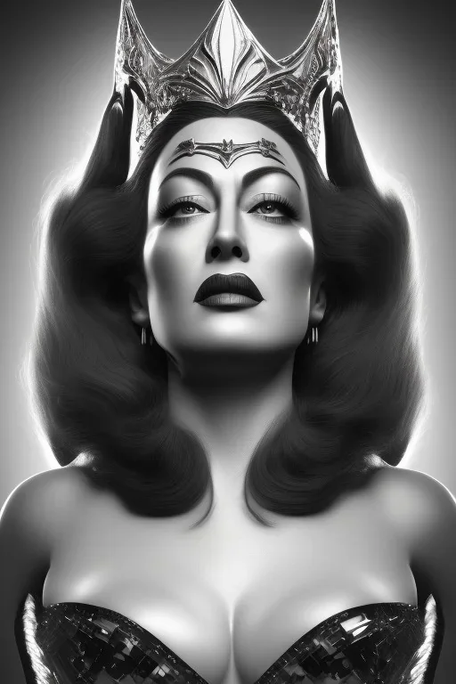 Joan Crawford as evil queen in black leather, busty, cleavage, dominatrix, curvy, angry, stern look. unreal 5, octane render, cinema4d, dynamic lighting, dramatic lighting, 4k, redshift render, highly detailed, hyper realistic,anthropomorphic black wolf long