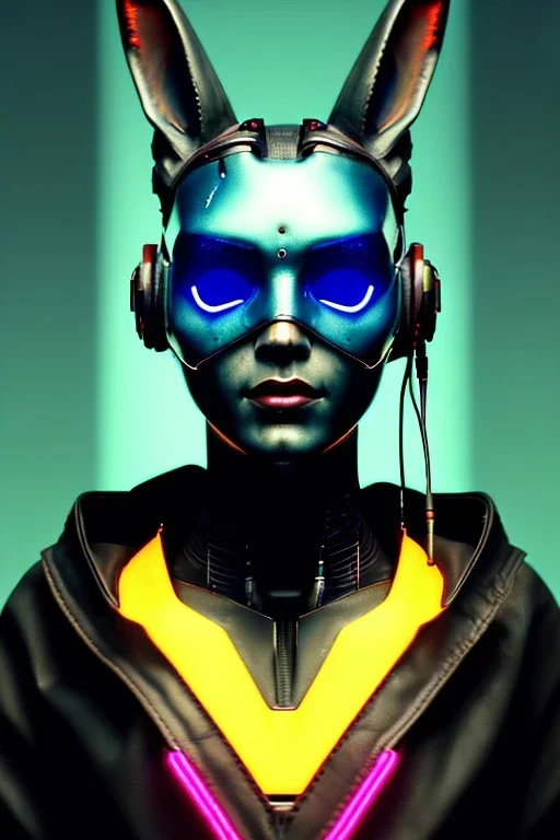 Medium Close Up Portrait, Front image. cyberpunk, rabbit mask, teenager, asian woman, cyber helmet head. Geisha dress. Yellow, black, color. Mad max style. renaissance ornaments, Color background, photo studio. Front image, highly detailed, concept art, smooth, unreal engine 5, ray tracing, RTX, lumen lighting, ultra detail, volumetric lighting, 3d, finely drawn, high definition, high resolution.