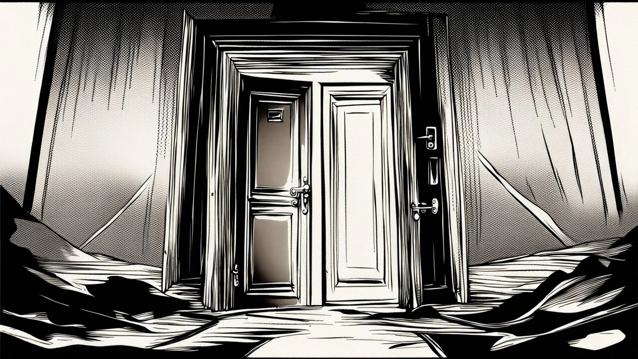 unhinged door, anime, monochrome, black background, ink, simple, maximum quality