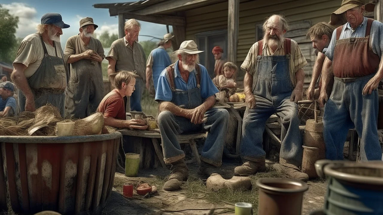 In a mesmerizing combination of brilliant and fading shades, photorealistic,an insanely detailed photographof a family get together of flimsy ugly and dirty kentucky hill billy farmers in ragged overall and holed shoes, eating from a carbage bins outside a mcdonald restaurant 8k UHD