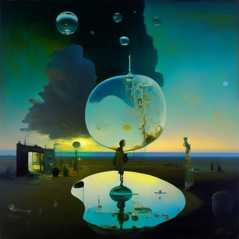 dusk landscape with universe-like Soap Bubble,complex surgical instruments mixed with human body-like musical instruments,Painting By Adrian Ghenie, Rene Magritte, Basquiat ,Salvador Dali, Lucian Freud, Jan Van Eyck