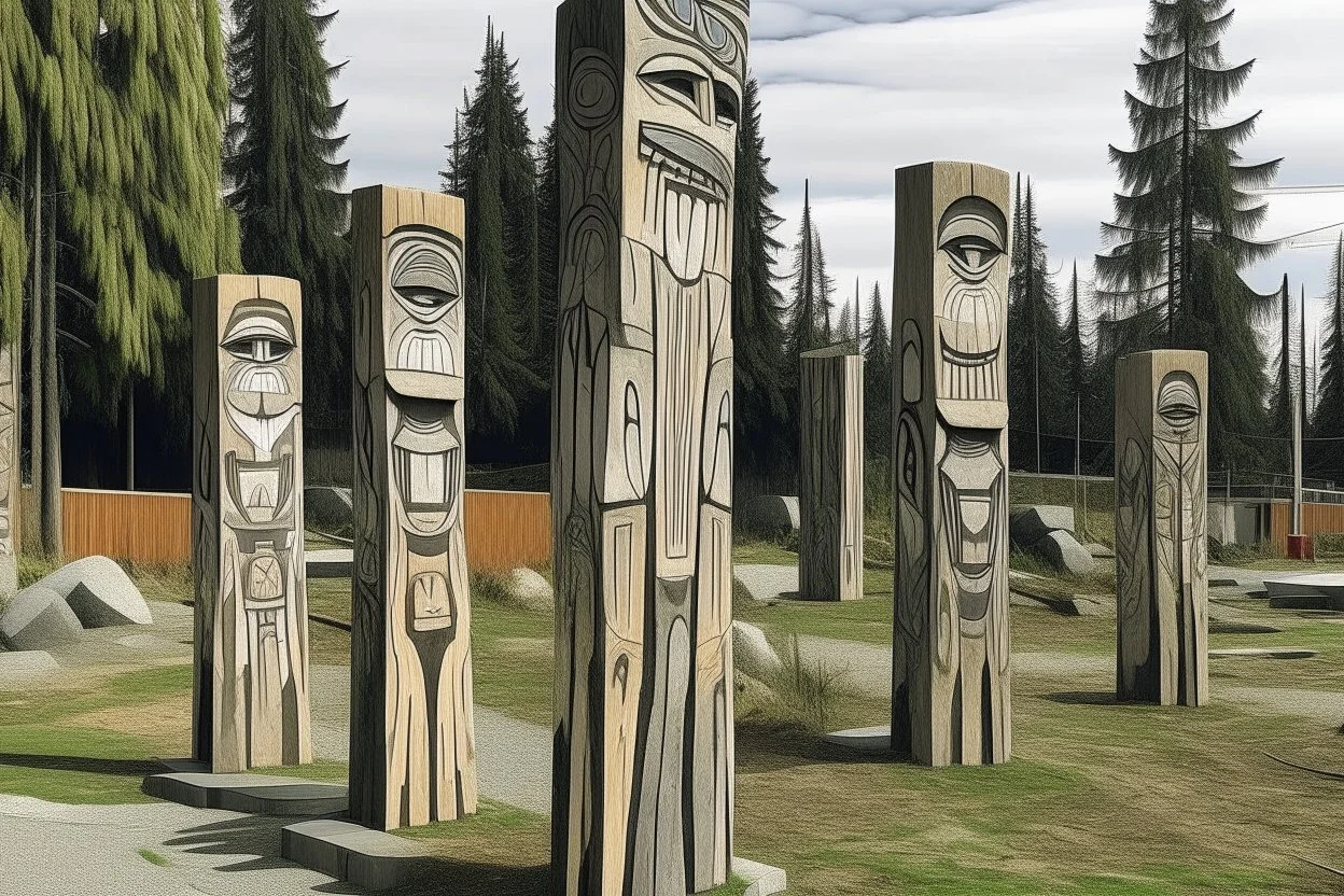 A grayish brown badlands with runestones designed in pacific Northwest totem poles painted by Clyfford Still