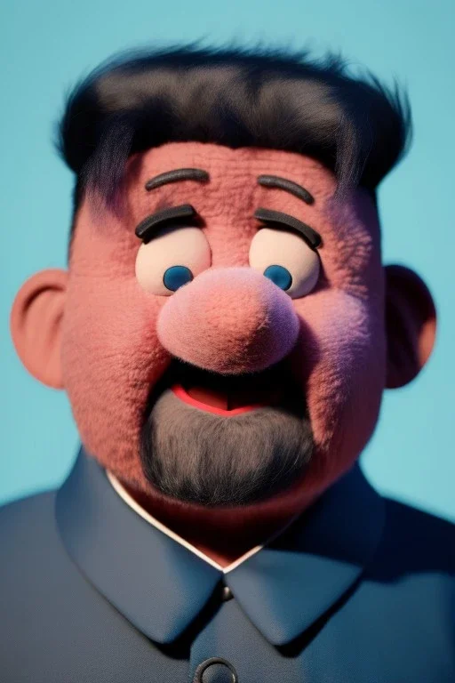 Waist up muppet Portrait, Kim Jong-un as muppet doll, black suit, photo studio, blue background, unreal engine 5, concept art, art station, god lights, ray tracing, RTX, lumen lighting, ultra detail, volumetric lighting, 3d.