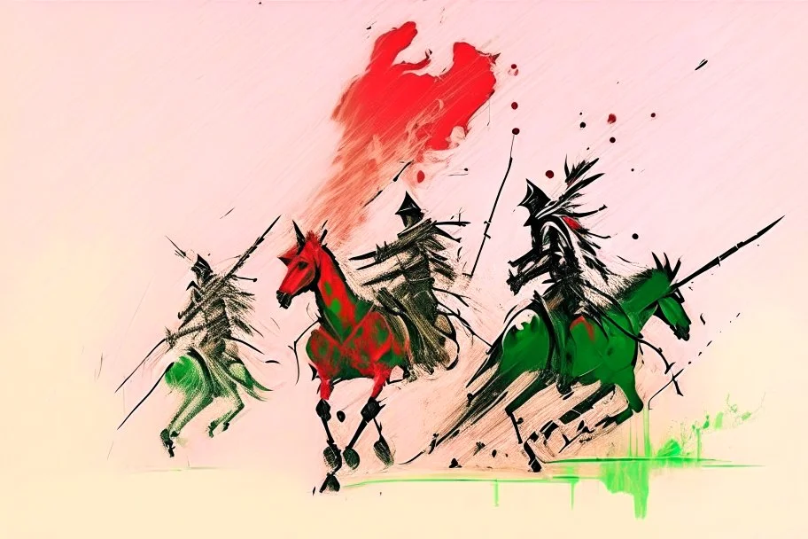 Hun Arrow Crossers on horseback, scorched earth, thunderstorm, red, white, green watercolor and ink