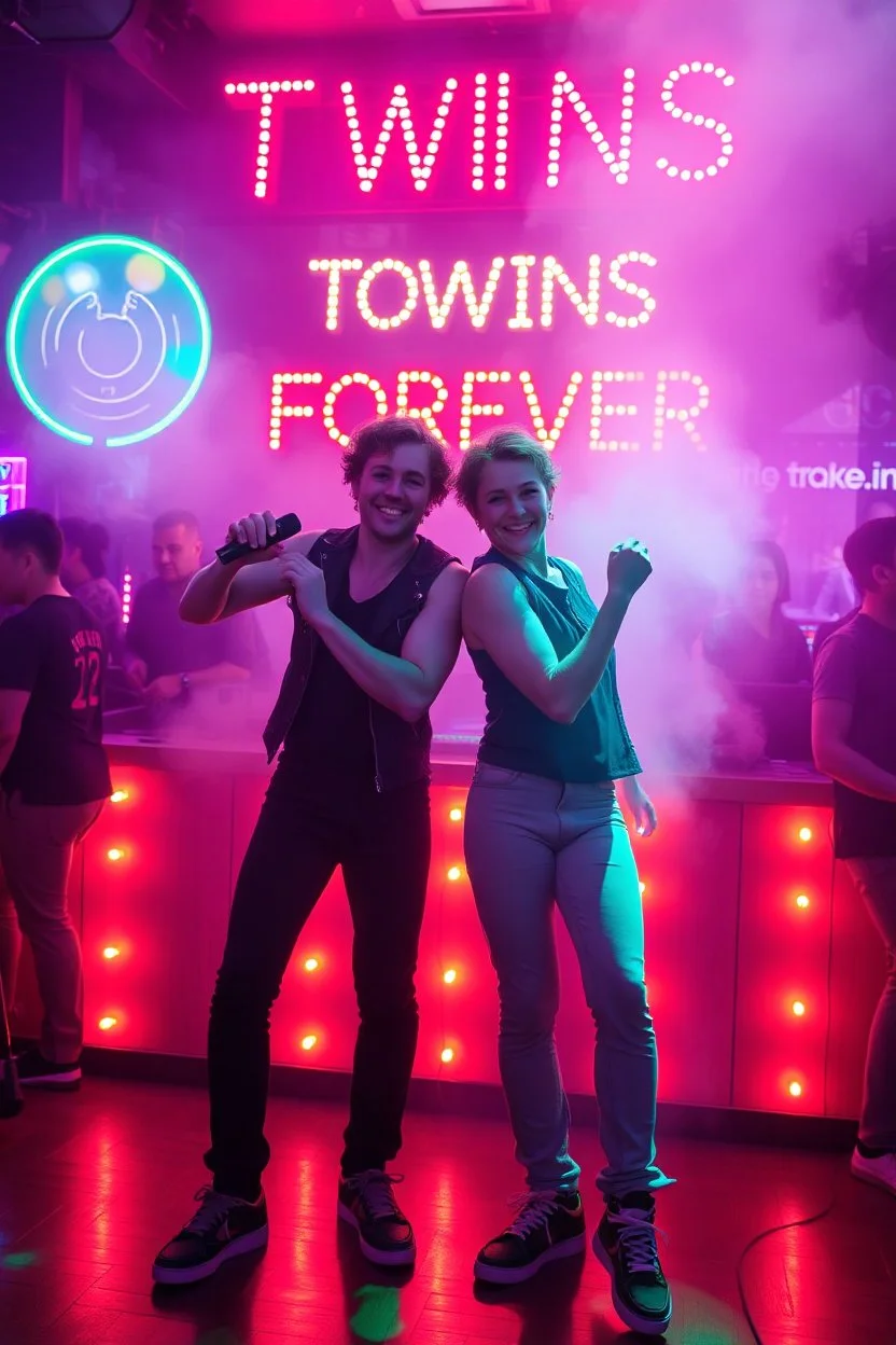 An "Identical twins" performing at dance club, theyre name is "Martin and Mercurius" Happy and celebrity look, , Neon lights and smog, "TWINS FOREVER" big sign on the wall