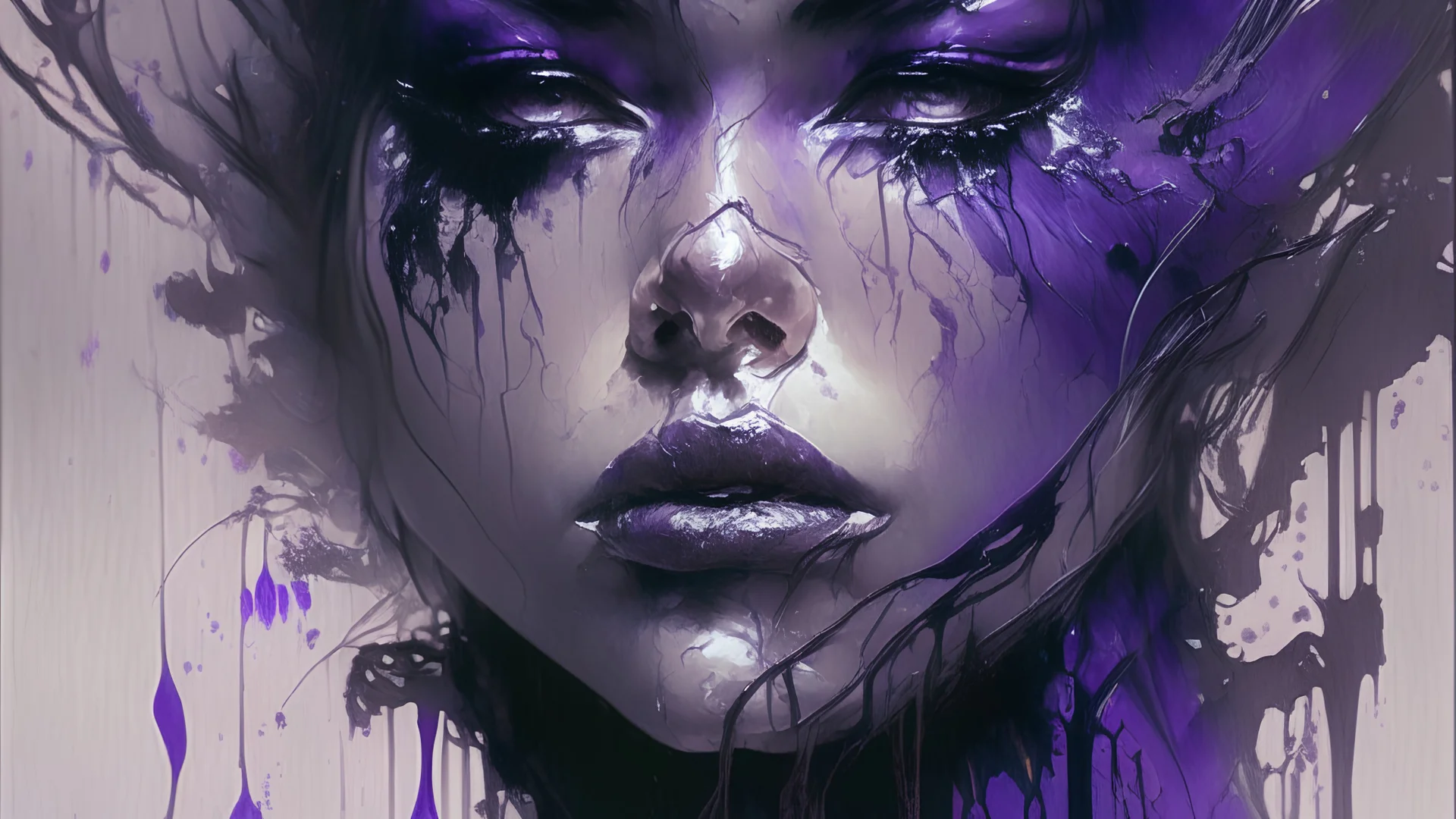 Nyx,female lips purple, Beautiful portrait, Minjae Lee, Dark ink flow: 8k resolution photorealistic masterpiece: Aaron Horkey, Jeremy Mann: intricately detailed fluid painting, Jean Baptiste Mongue: calligraphy: acrylic: watercolor natural lighting, volumetric lighting maximalist photoillustration: by marton bobzert: 8k resolution concept art intricately detailed, complex, elegant, fantastic