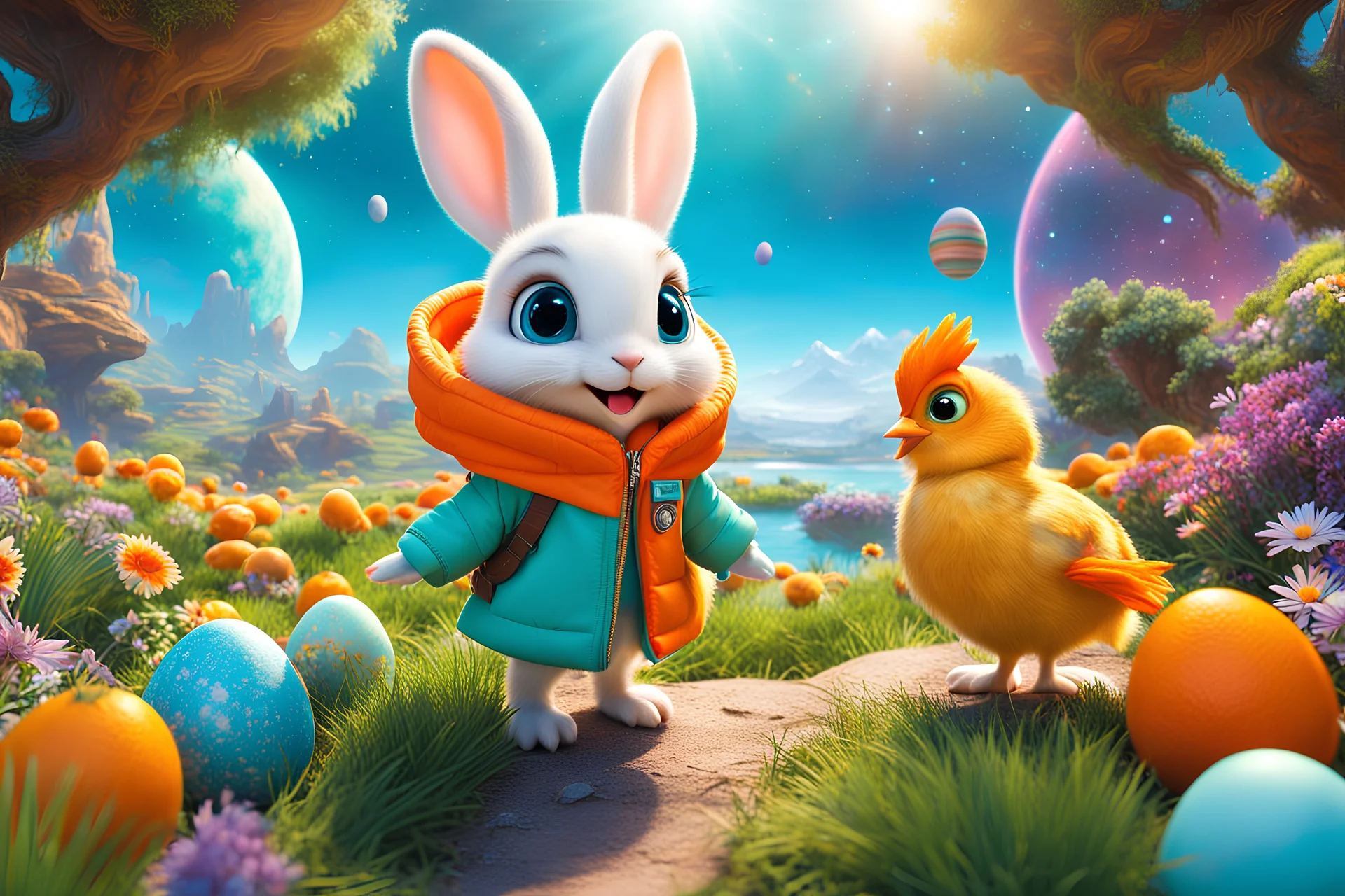 easter holidays, pixar art style of cute pixie smiling bunny with large eyes, little chicken, full body, fresh orange puffer jacket, a colorful intricate HEART shaped planet similar to Tatooine in a brig ażht nebula backdrop, by mobeius, large eastern eggs, in the garden of Eden, stylized vegetation, turquoise water ground-level view, foggy atmosphere, hyper detailed, digital art, trending in artstation, cinematic lighting, unreal engine 5 rendered, octane rendered