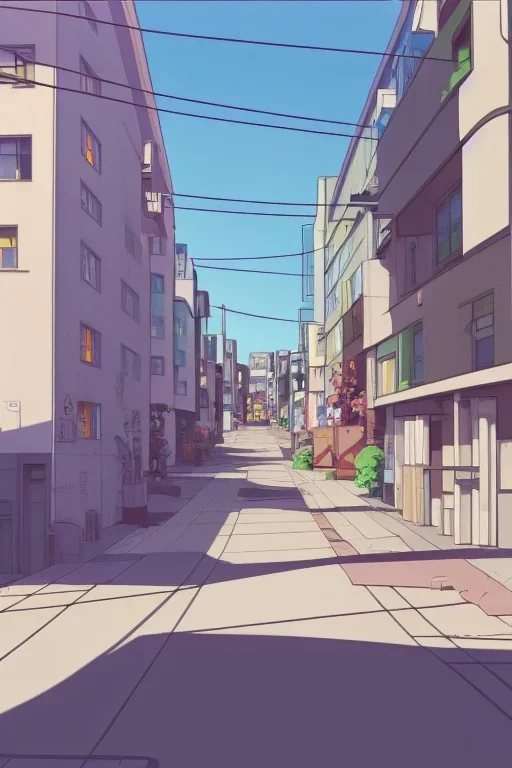 Bauhaus city street, sloped street, street scene, cel - shading, 2 0 0 1 anime, flcl, jet set radio future, golden hour, Swedish town, concentrated buildings, swedish neighborhood, electrical wires, cel - shaded, strong shadows, vivid hues, y 2 k aesthetic