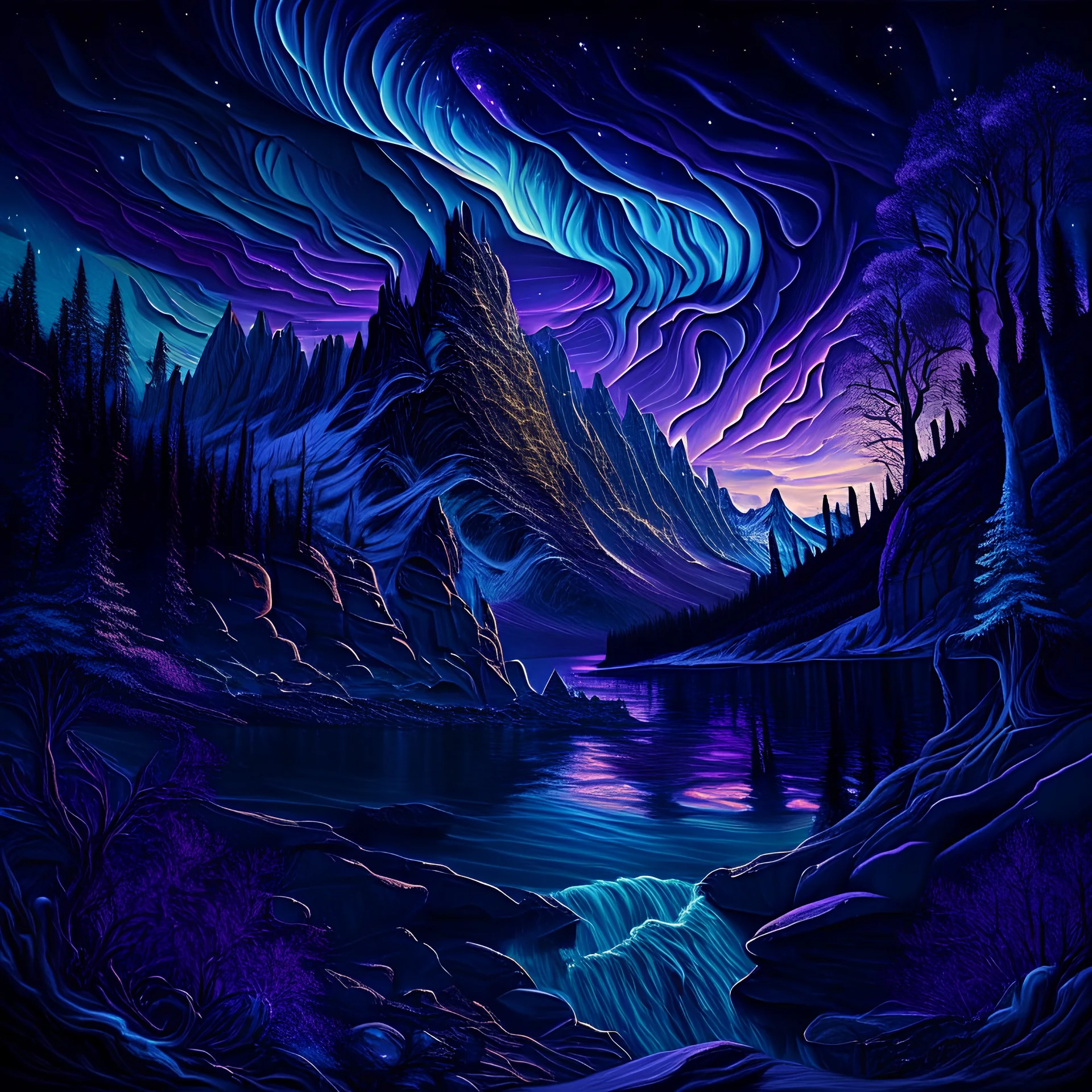 landscape, epic, intricate details, high detail, northern Lights , deep blue and purple