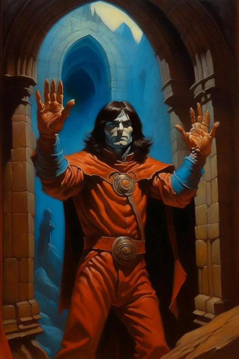 1970's dark fantasy cover dnd style oil painting of a medieval human engeneering with hand claws sport outfits with minimalist far perspective. Magazine.