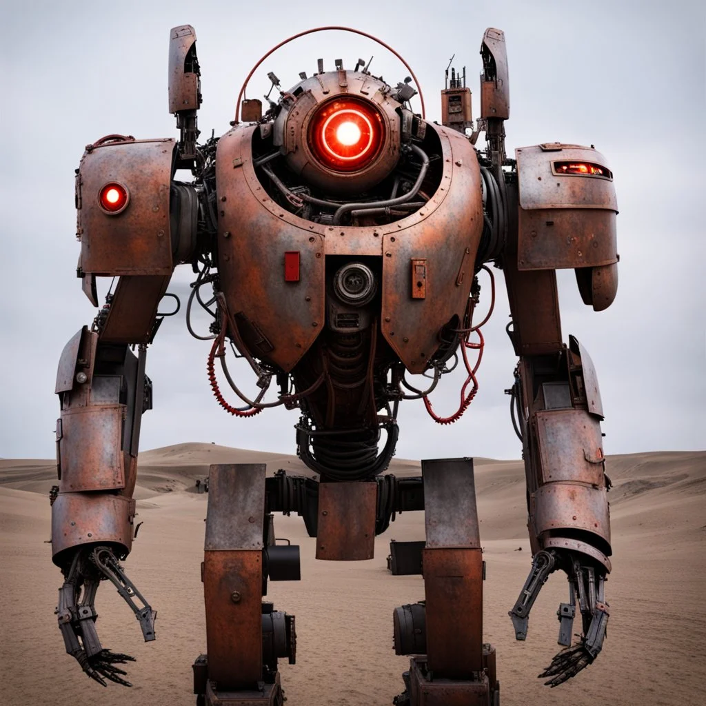 trash mech suit, human-sized, made of scrap metal, cockpit, light rust, round, one red glowing eye, loose wires, escape hatch