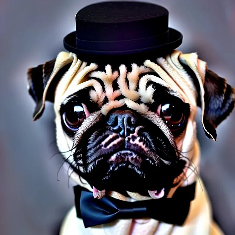 a single pug puppy wearing a black tophat