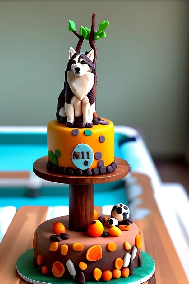 Birthday cake topped with a pool table, apricot tree and a husky dog