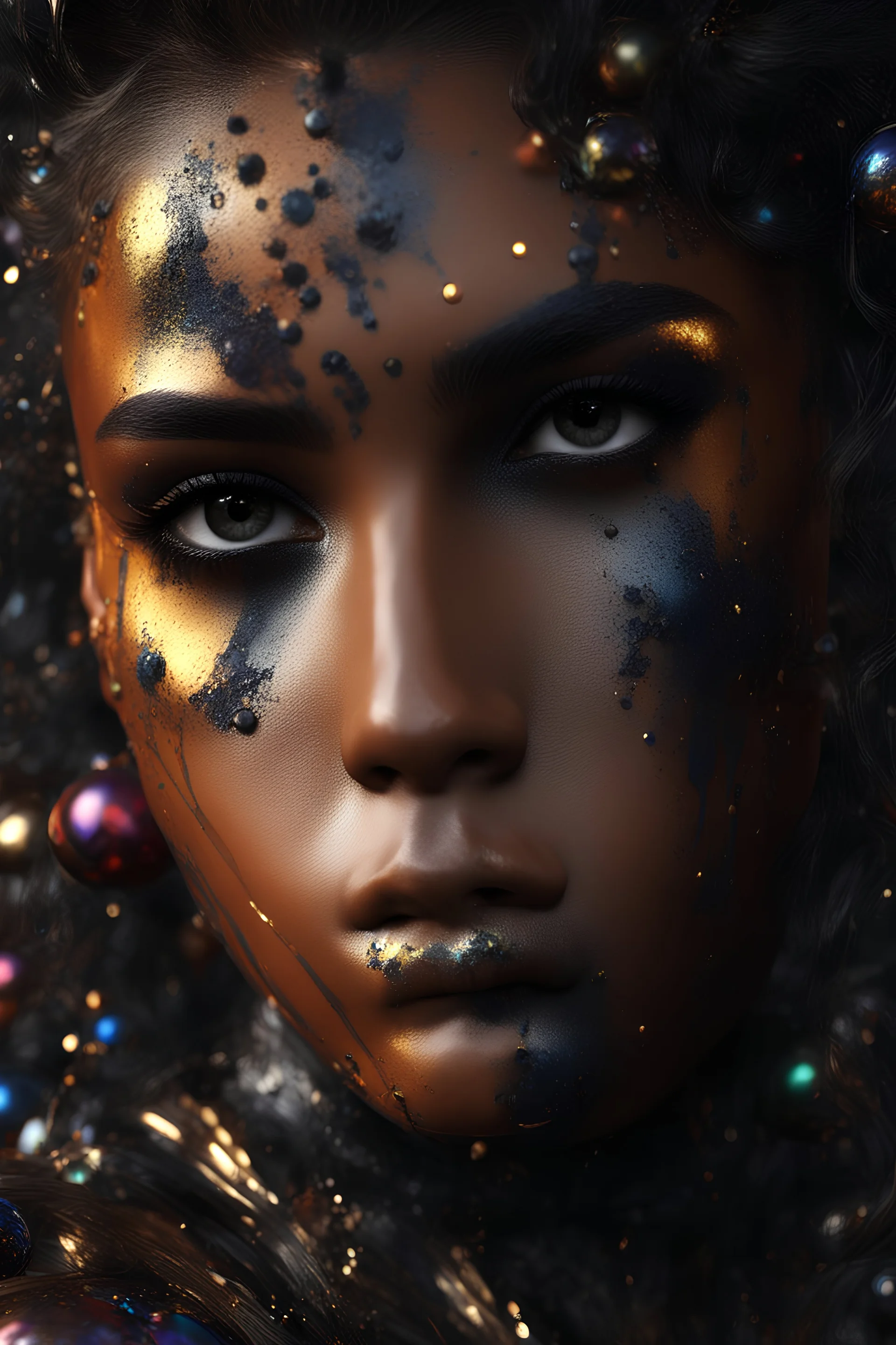 PAPERCUT 3d photo realistic portrait of young woman, dark fantasy, beautiful, dark eyes, dark make up, shiny streaks of paint, paint blobs and smears, shiny baubles, textured, ornate, shiny molten metalics, wild hair, high definition, octane render, 64k, 3d