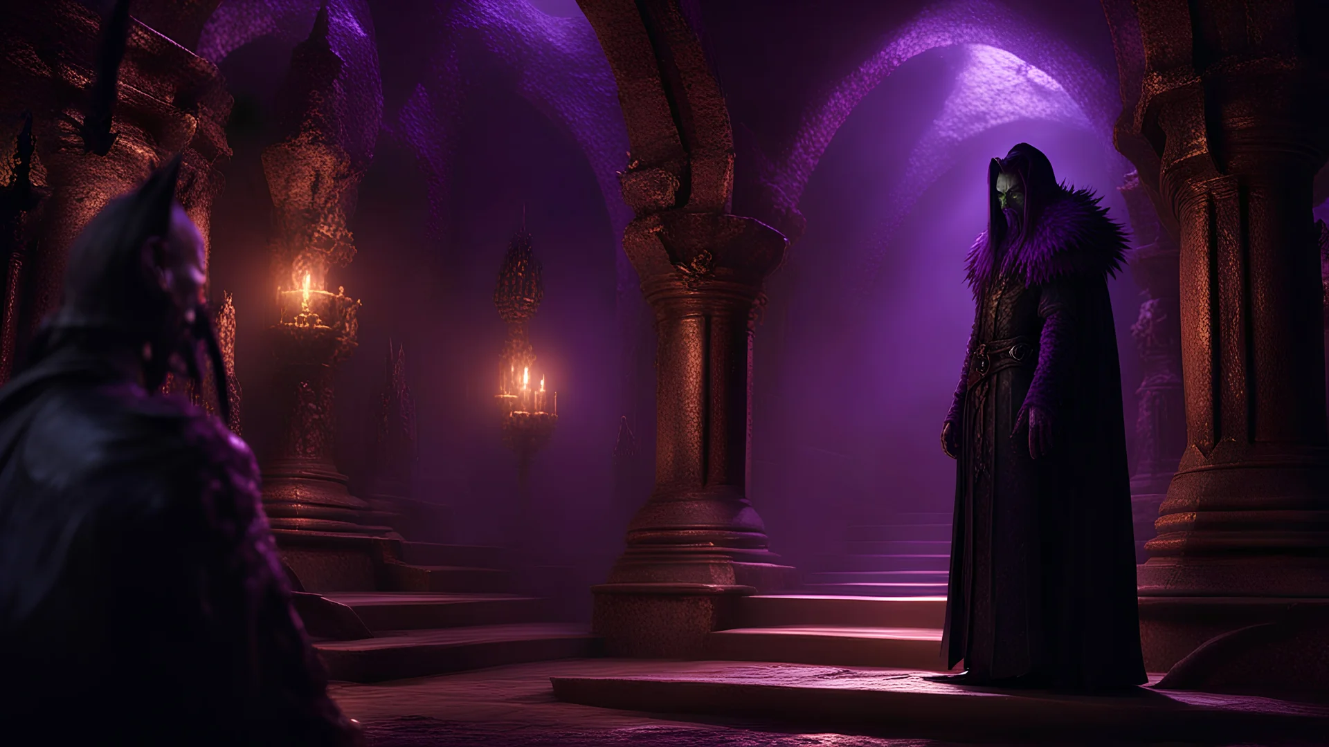 Complex 3d render, organic features profile of an ancient, evil, gaunt, undead shadow priest, with glittering, purple eyes, in luminous black-purple, moldy leather robes, standing in a musty crypt with hazy, purple lighting, at night. Dariusz Zawadzki, Seb Mckinnon, Gustave Dore art styles, dark fantasy background, glossy, wet, hyper-detailed, ultrasharp, pulsating veins, purple light particles, hyperrealism, meticulous, 8k UHD, medium-full shot.