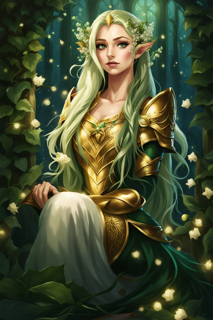 Dark green hair,Rapunzel hair,golden armor,night,sparkle,lily of the valley,ivy,elven warrior,elven ears,burgundy,green,gold,elven crown,extremely long hair