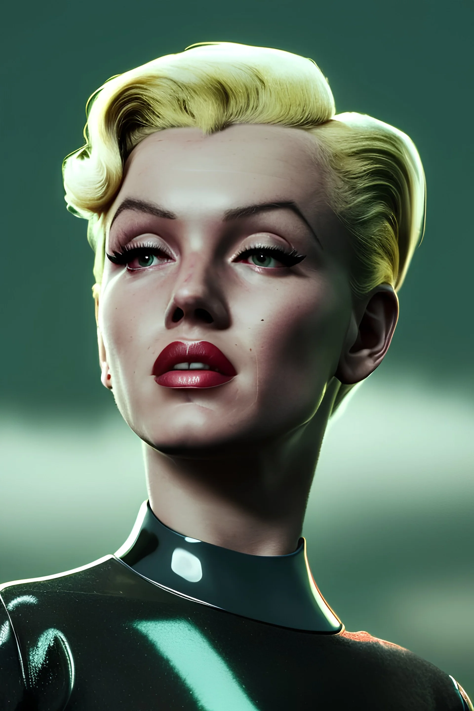 Ultra Realistic retro sci-fi scene, portrait, blonde woman, sweet young Marilyn Monroe face, perfect iris, tight latex coat, Strange planet background, Retro sci-fi style helmet, fog, rain, soft color, highly detailed, unreal engine 5, ray tracing, RTX, lumen lighting, ultra detail, volumetric lighting, 3d, finely drawn, high definition, high resolution.