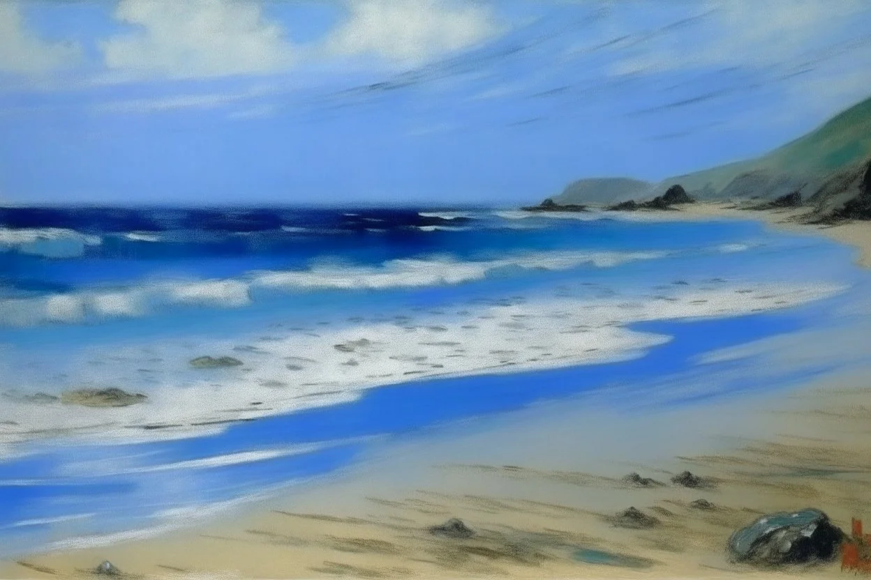 A blue serene beach painted by Claude Monet