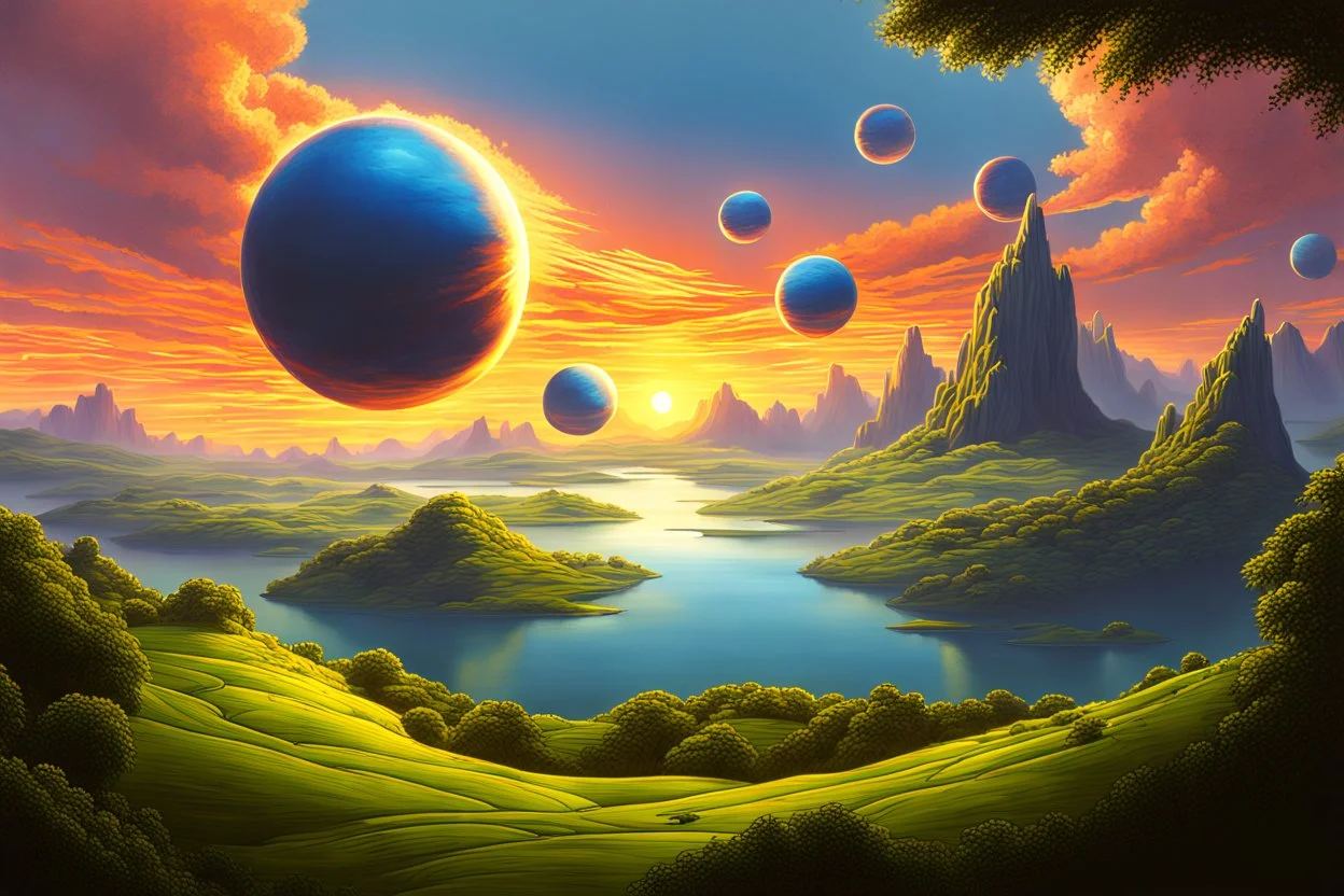 A digital painting of a mysterious anomalous orbs in the sky surrounded by floating islands hovering above a fantasy landscape in the style of Michael Whelan, energy surge, serene countryside, lush forests, soaring mountains, impressive detail, sunset, high resolution, 4K, 8K, masterpiece