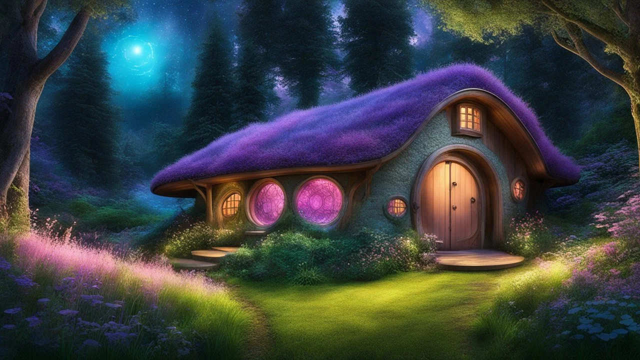 hobbit cottage in the woods surrounded by trees with glow-worms and fireflies with a whimsical like feel, with pinks, blues, purple colors, circular hobbit-style door, glow-worms and fireflies, circular hobbit-style windows, glow-worms and fireflies, green grass roof, glow-worms and fireflies, illustration