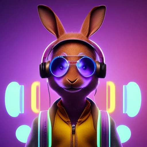 pixar style anamorphic Rabbit baby, smiling, cyberpunk headphone, sunglass, gangsta gold neckless, full body, magenta puffer jacket, manila city backdrop, dramatic lighting, hyper realistic, unreal engine 5, 16k