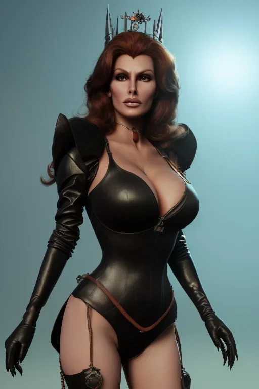 Raquel Welch as evil queen in black leather, leather, busty, cleavage, angry, stern look. character design by cory loftis, fenghua zhong, ryohei hase, ismail inceoglu and ruan jia. unreal engine 5, artistic lighting, highly detailed, photorealistic, fantasy