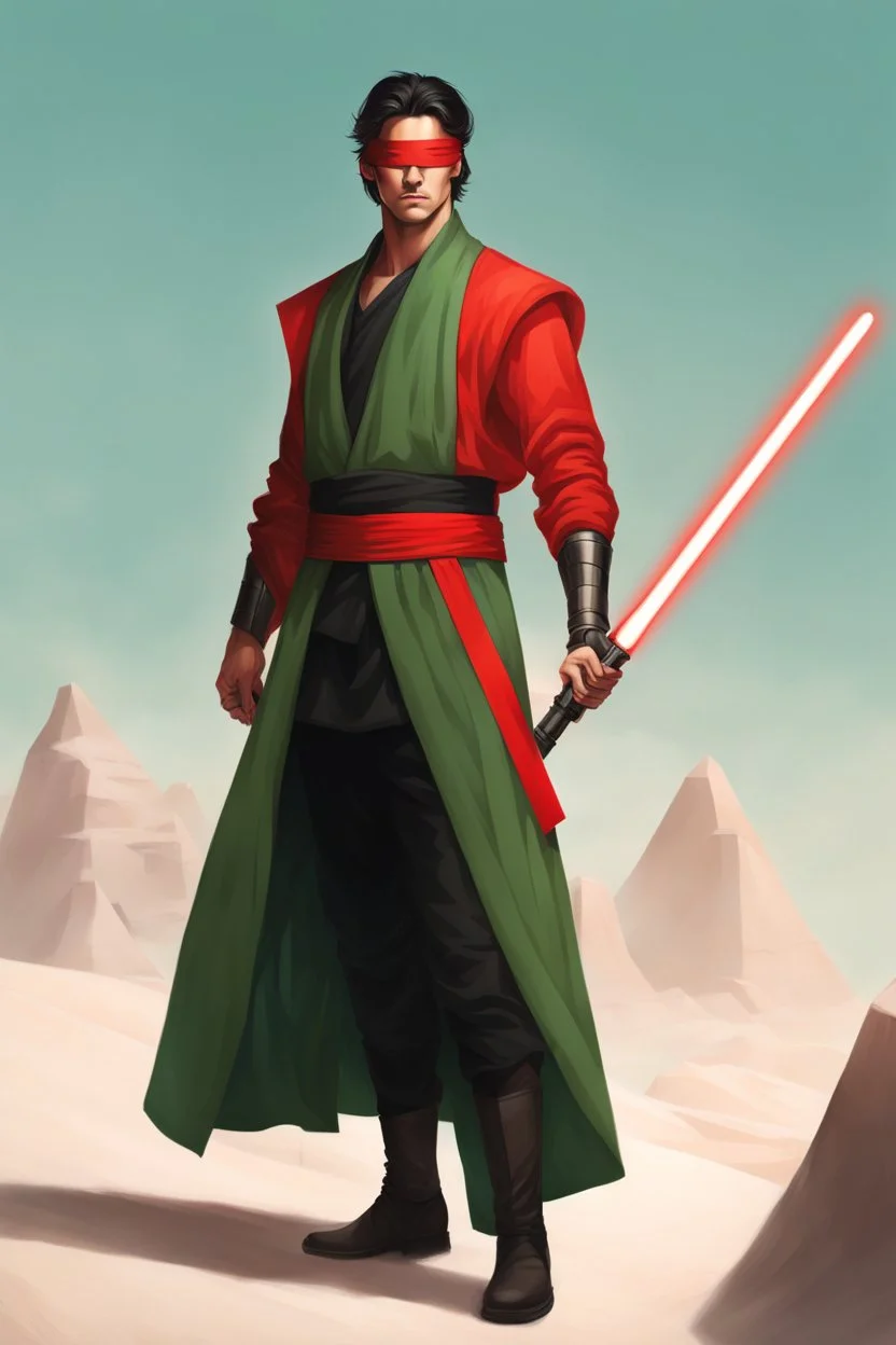 Red Blindfold, Male Tan Human, Very Long HairLong Black Hair, Peaceful pose, Red Crossgaurd Lightsaber