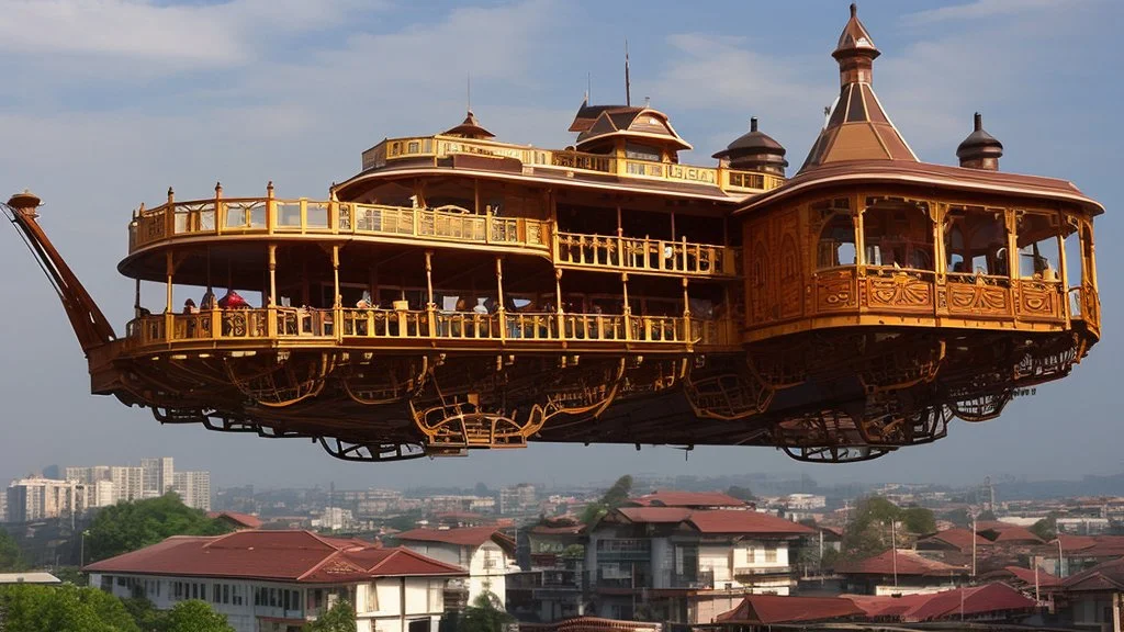 large wooden Victorian pleasure steamboat flying above a city, balconies, verandas