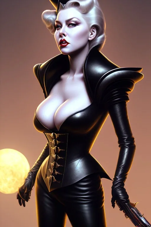 Lana Turner as evil queen in black leather, leather, busty, cleavage, angry, stern look. character design by cory loftis, fenghua zhong, ryohei hase, ismail inceoglu and ruan jia. unreal engine 5, artistic lighting, highly detailed, photorealistic, fantasy