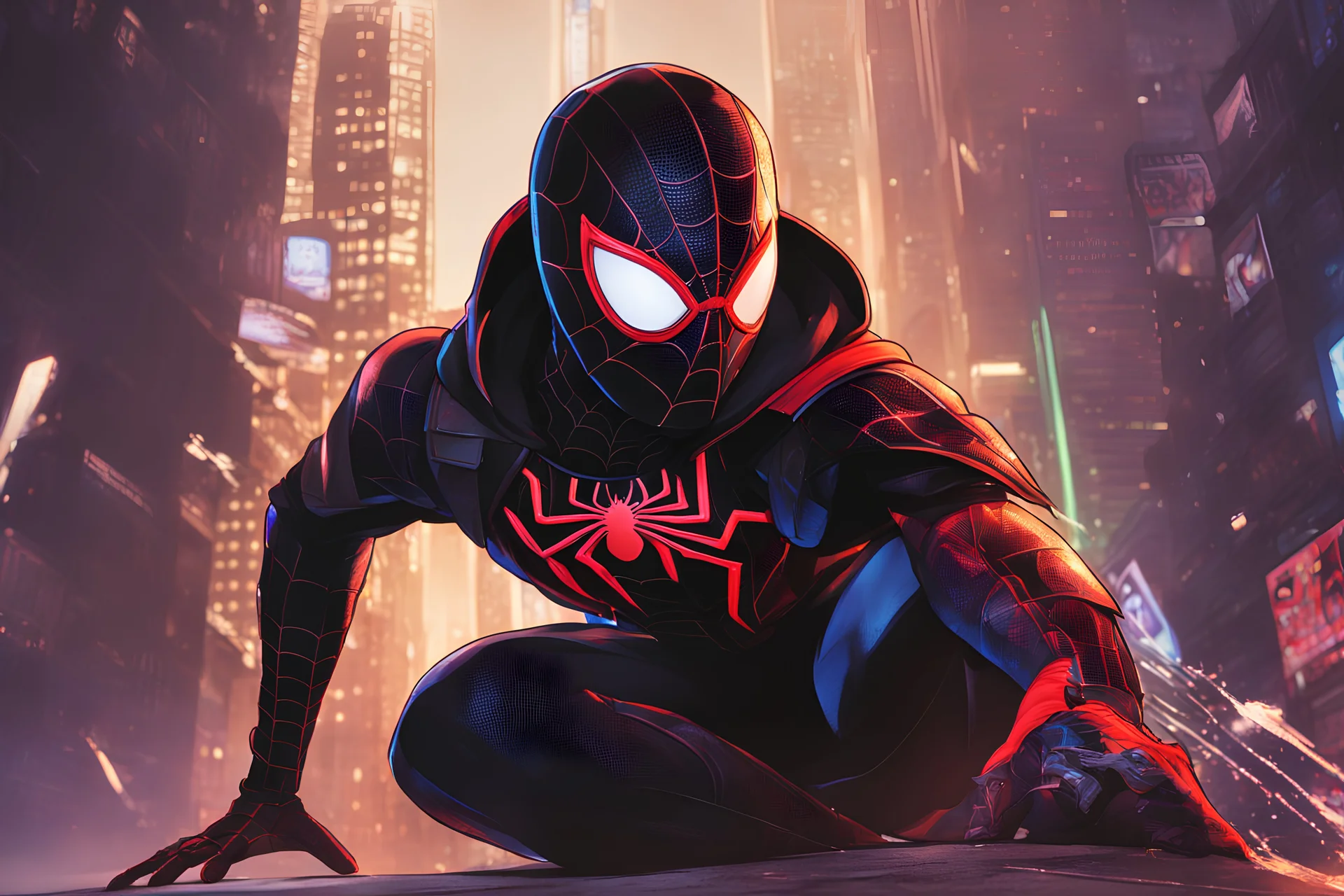 Miles morales in 8k nier automata drawing style, spider man them, cinematic mood, neon effect, close picture, bones, highly detailed, high details, detailed portrait, masterpiece,ultra detailed, ultra quality