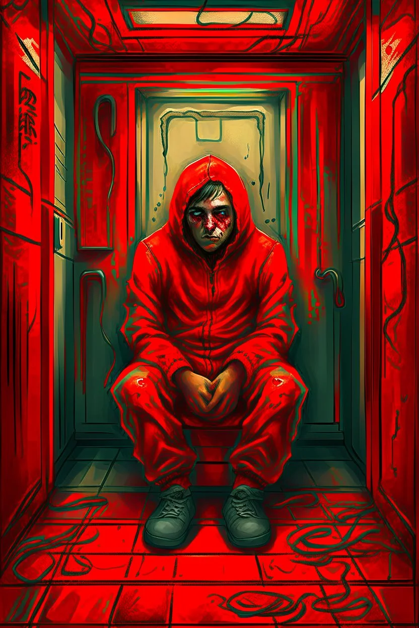 A scary gothic person sits quietly in the middle of a soundproof, padded room conveying intense dramatic emotions in a muted environment, wearing a bright red straitjacket , a mask to cover the mouth area of cannibal evil scary, dark and gothic look, cold eyes, eary ultra detailed,.32k, digital art style with messy paint, hardened sealer appearance, impasto, dramatic Arial view with explosive chaotic background