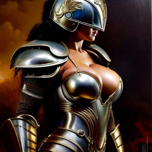 portrait ' Sexy Extra busty Power Girl naked ',ancient metal armor and Helmet ,painting by gaston bussiere, greg rutkowski, yoji shinkawa, yoshitaka amano, tsutomu nihei, donato giancola, tim hildebrandt, oil on canvas, cinematic composition, extreme detail,fit full head inside picture,16k