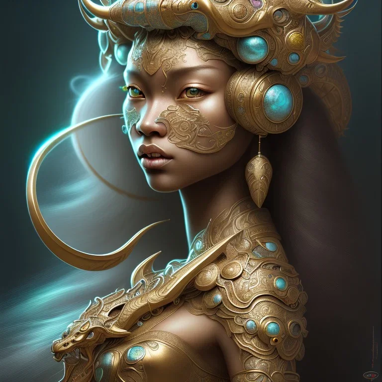 Sango fantasy, fantasy magic, intricate, sharp focus, illustration, highly detailed, digital painting, concept art, matte, art germ and Paul Lewin and Kehinde Wiley, masterpiece Indonesian lady head bronze tiger Asian African girl nice breast Hawaiian hair turquoise silver waves