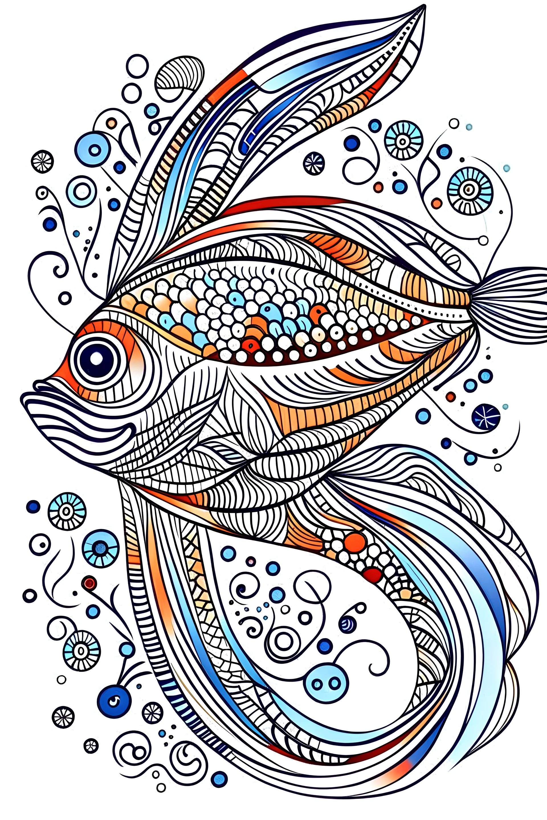 colorful art , free hand drawing themed, fish symmetric patterns, full white, white background, Sketch style, (((((white background))))), with outline, cartoon style